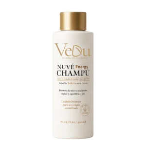 Champú VeDu Nuvé Energy para crecimiento del cabello en botella blanca con tapa dorada