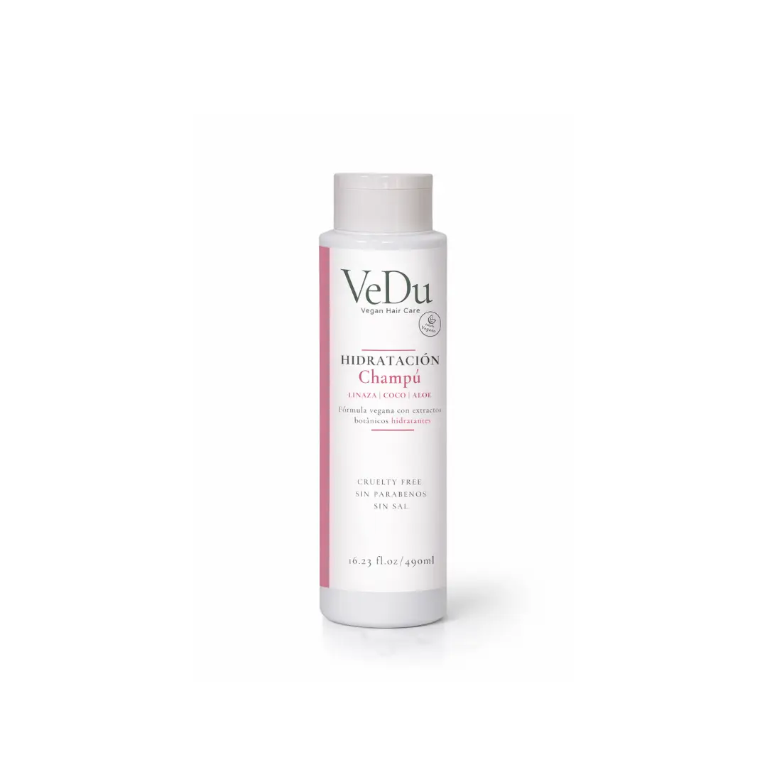 Champú vegano de hidratación Vedu Hair Care con linaza coco y aloe